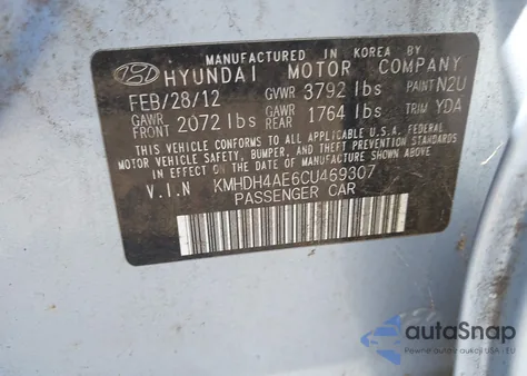 2012 Hyundai Elantra Gls (Ulsan Plant) из США, поврежденный, VIN KMHDH4AE6CU469307